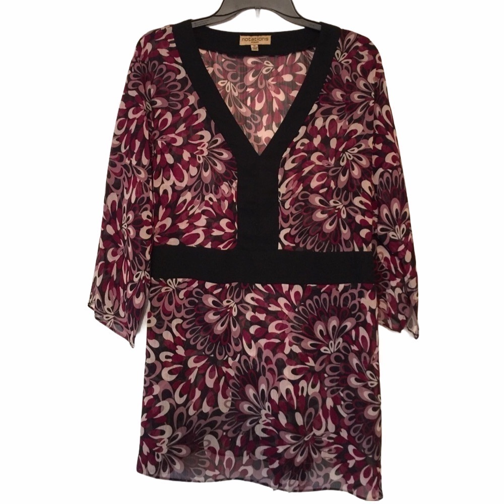 NOTATIONS V-Neck Sheer Top 3/4-Length Sleeves in Black, Burgundy, Pink - Size 1X